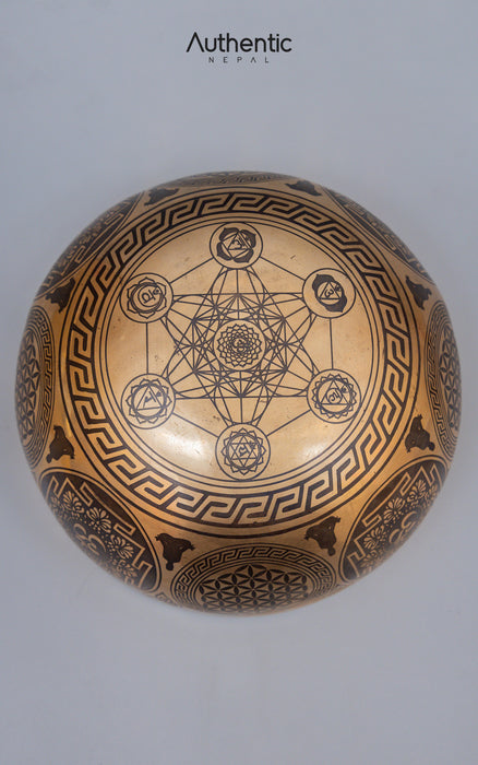 Life of Flower and  Sri Yantra Symbol Etched Singing Bowl 18 CM