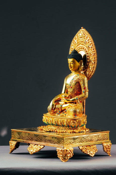 24K Gold Plated Shakyamuni Buddha Statue on his Throne 10"