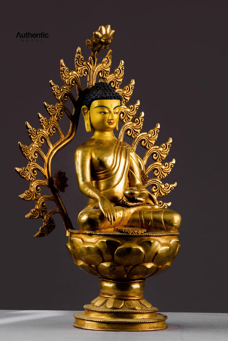 Gold Plated Shakyamuni Buddha Statue on a Lotus Throne 18"