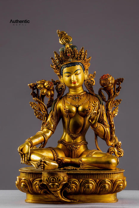 24k Gold Plated Green Tara Buddha Statue 16"