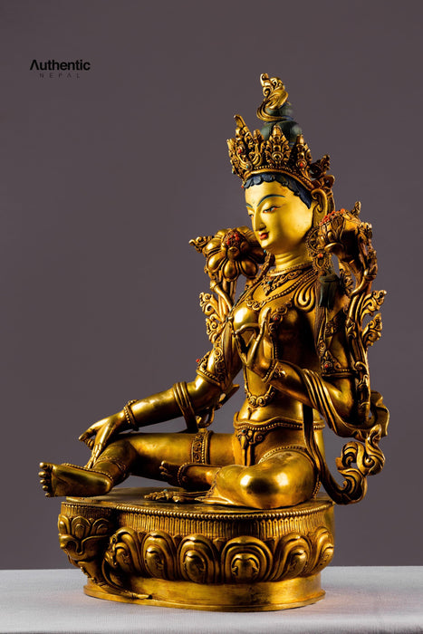 24k Gold Plated Green Tara Buddha Statue 16"