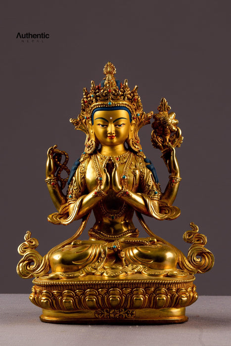 4 Arms Golden Chenrezig Buddha Statue  22 CM