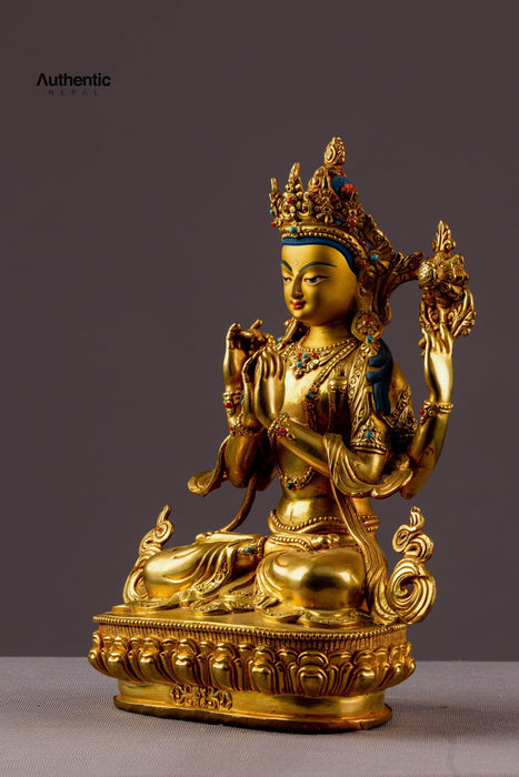 4 Arms Golden Chenrezig Buddha Statue  22 CM