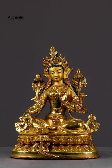 Gold Plated Nepali Handcrafted Green Tara Statue 25 CM