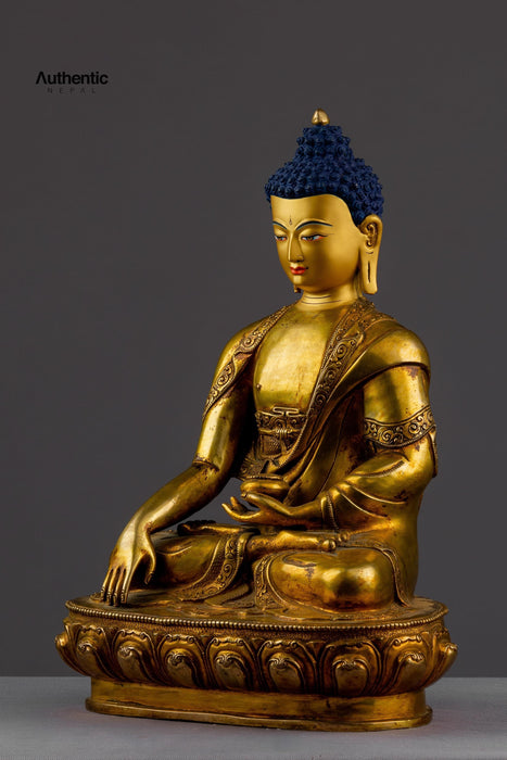 Antique Gold Plated Shakyamuni Buddha Set Sculpture 13"