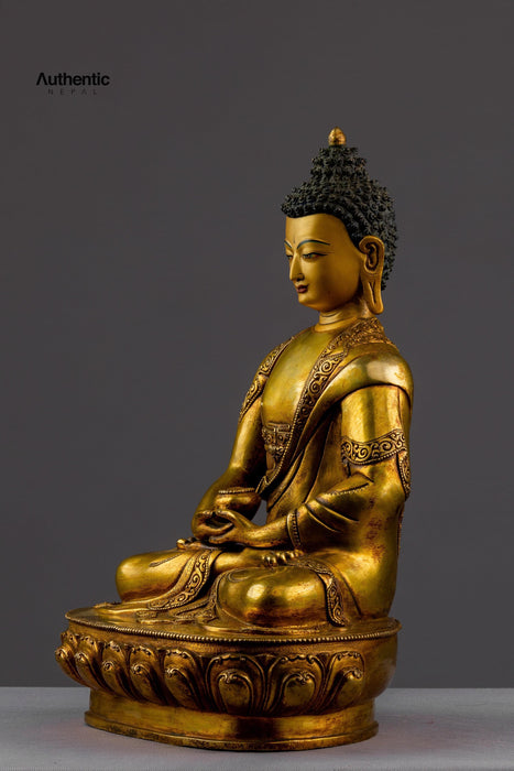 Amitabh Buddha Set Statue| Black Gold Plated Statue Resting on a Buddha Throne 30 CM