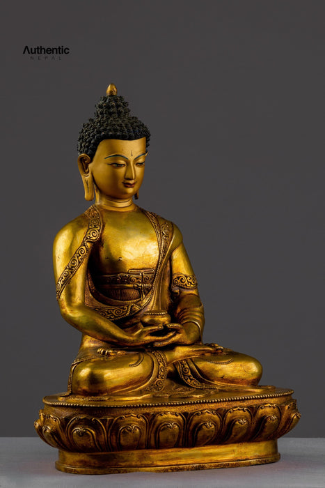 Amitabh Buddha Set Statue| Black Gold Plated Statue Resting on a Buddha Throne 30 CM