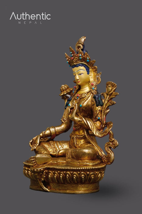 24k Gold with Stone carved Green Tara Statue 21 CM