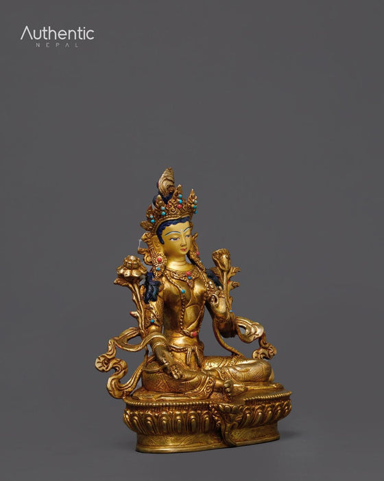 24k Gold with Stone carved Green Tara Statue 21 CM